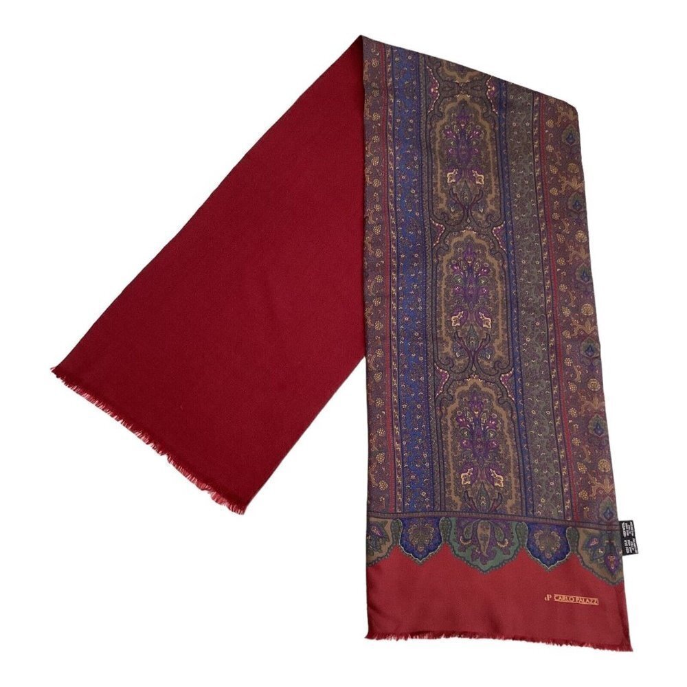 CARLO PALAZZI Red Paisley Double Sided Rectangle Silk Wool Scarf Italy W: 22’’
